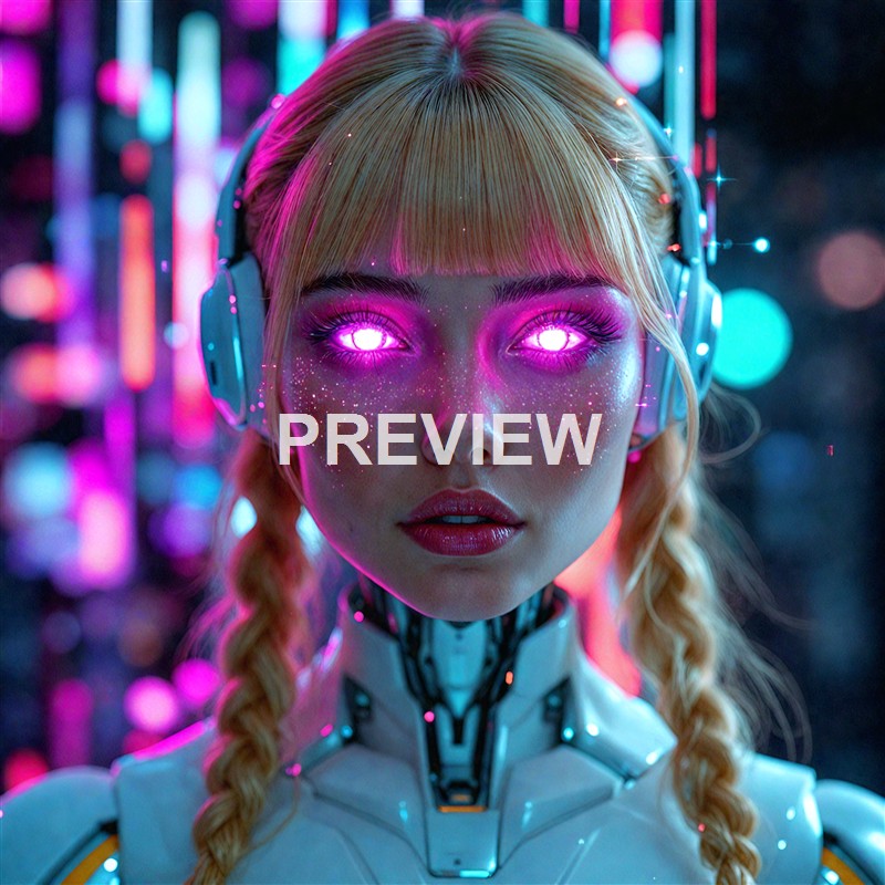 A futuristic female android with glowing pink eyes, freckles, blonde hair styled in braids, wearing a high-tech suit and headphones, set against a vibrant neon-lit background.